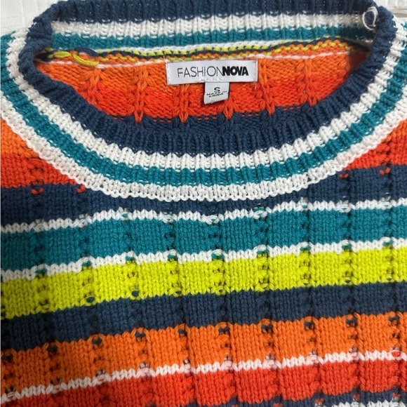 Fashion Nova Womens Sweater White Orange S Striped Cropped Long Sleeve Crewneck - Picture 6 of 7